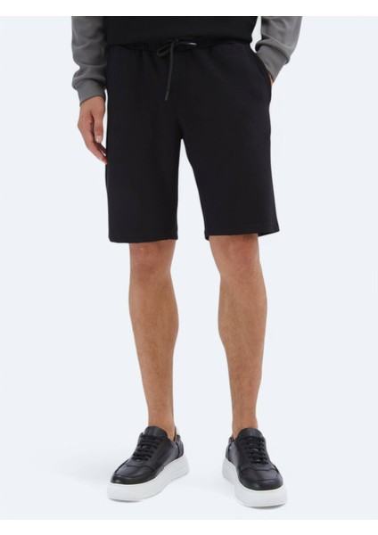 Siyah Düz Örme Jogging Fit Spor Bermuda
