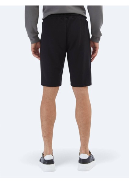 Siyah Düz Örme Jogging Fit Spor Bermuda