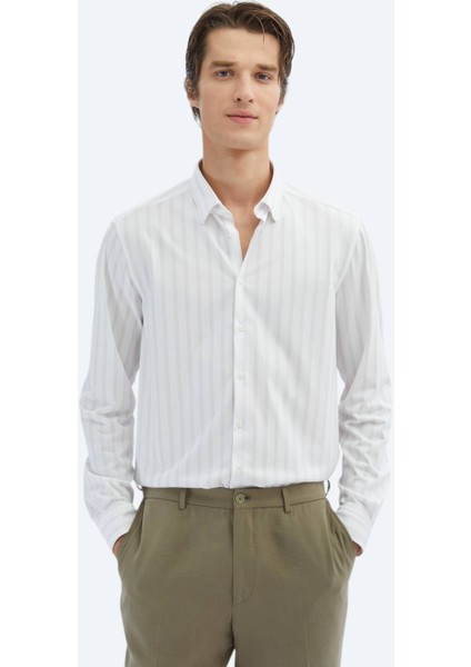 Açık Bej Çizgili Regular Fit Casual Pamuk Karışımlı Gömlek