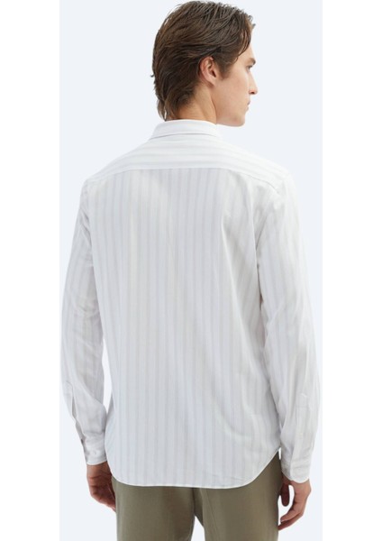 Açık Bej Çizgili Regular Fit Casual Pamuk Karışımlı Gömlek