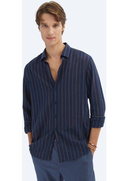 Lacivert Çizgili Regular Fit Dokuma Casual Pamuk Karışımlı Gömlek