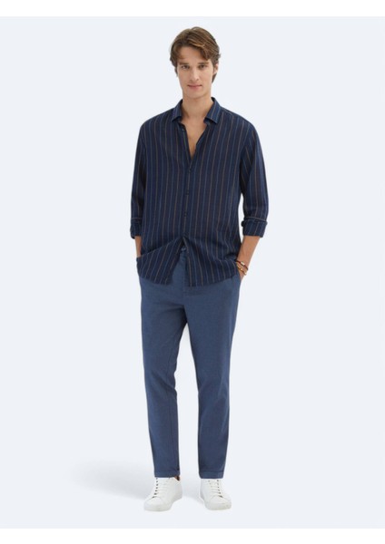 Lacivert Çizgili Regular Fit Dokuma Casual Pamuk Karışımlı Gömlek