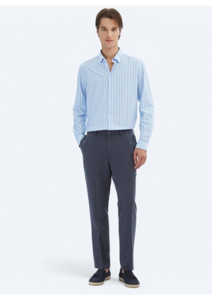 Mavi Çizgili Regular Fit Casual Pamuk Karışımlı Gömlek