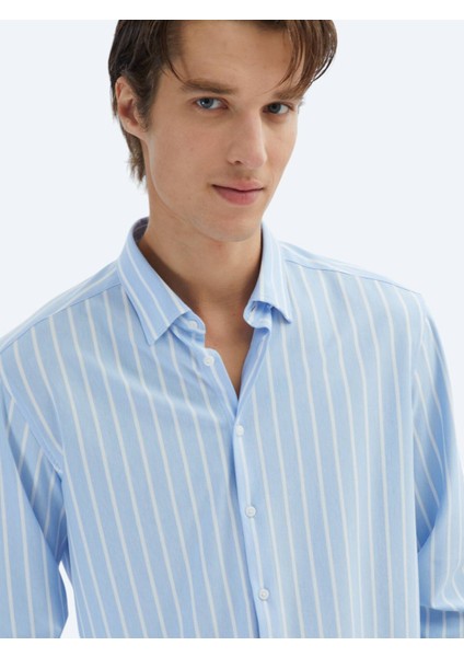 Mavi Çizgili Regular Fit Casual Pamuk Karışımlı Gömlek