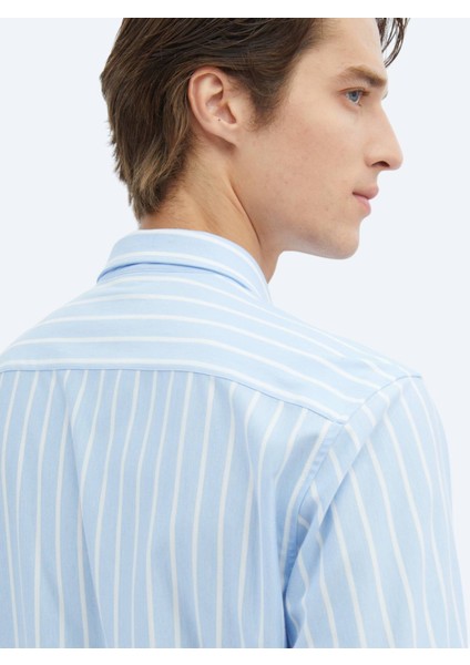 Mavi Çizgili Regular Fit Casual Pamuk Karışımlı Gömlek