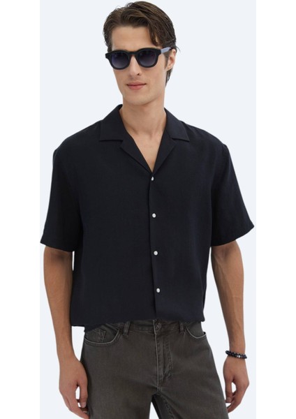 Siyah Düz Oversize Fit Dokuma Casual Gömlek