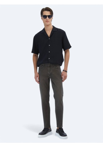Siyah Düz Oversize Fit Dokuma Casual Gömlek
