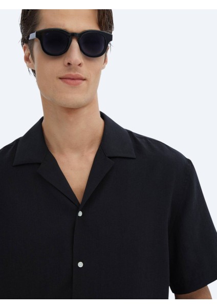 Siyah Düz Oversize Fit Dokuma Casual Gömlek