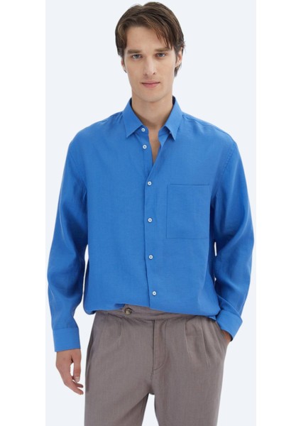 Saks Düz Oversize Fit Dokuma Casual Gömlek