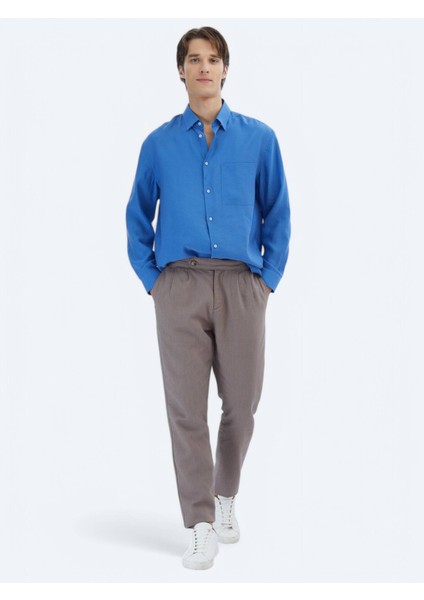 Saks Düz Oversize Fit Dokuma Casual Gömlek