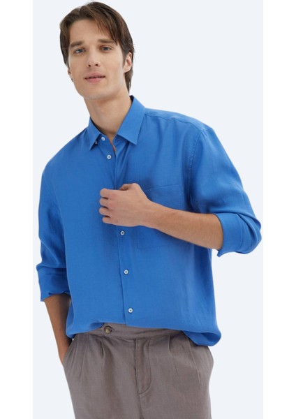 Saks Düz Oversize Fit Dokuma Casual Gömlek