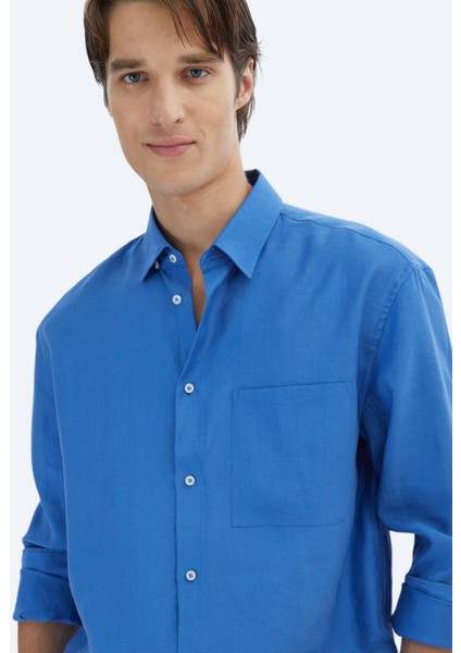 Saks Düz Oversize Fit Dokuma Casual Gömlek