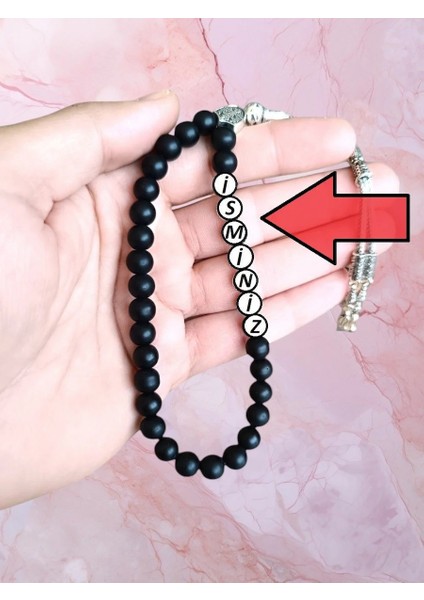 Karan İsmine Özel Tesbih Kişiselleştirilebilir Hediye Küre Kesim Mat Siyah Tesbih İ-739