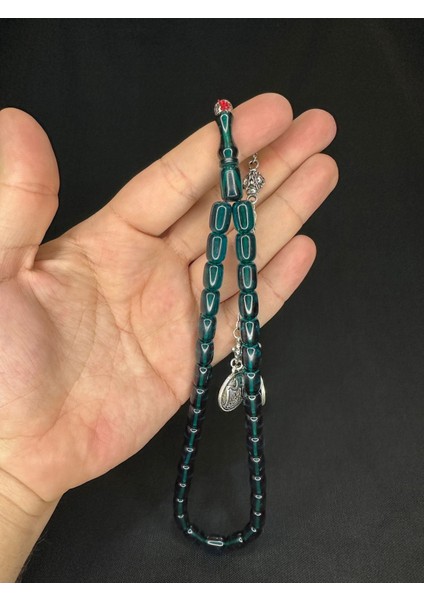 Ateş Kehribar Tesbih Koyu Yeşil Renkli Kapsül Kesim 11MMX8MM T-615