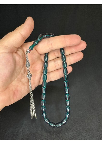 Ateş Kehribar Tesbih Koyu Yeşil Renkli Kapsül Kesim 11MMX8MM T-615