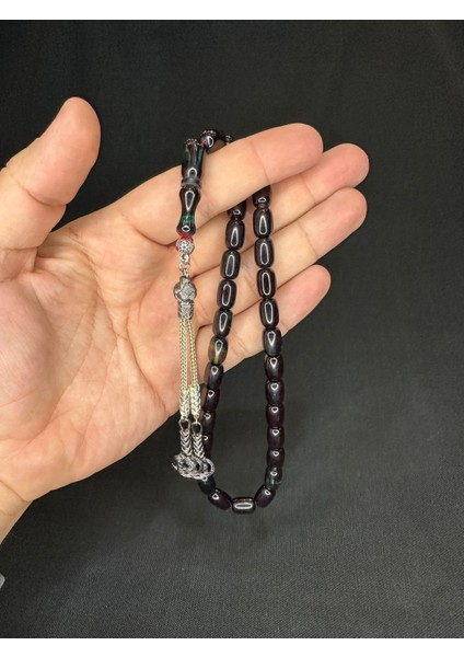 Ateş Kehribar Tesbih Yeşil-Siyah Renkli Kapsül Kesim 11,5mmx7,5mm T-618