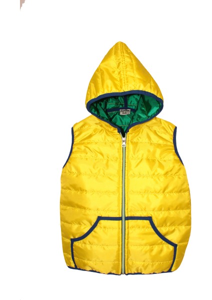 Çocuk Sarı Yeşil Kapüşonlu Fermuarlı Şişme Yelek