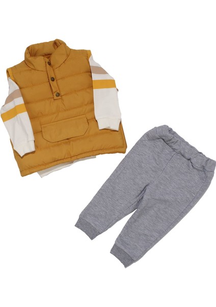 Erkek Bebek Sarı Gri Şişme Yelekli Önü Kapalı Cepli 3'lü Takım