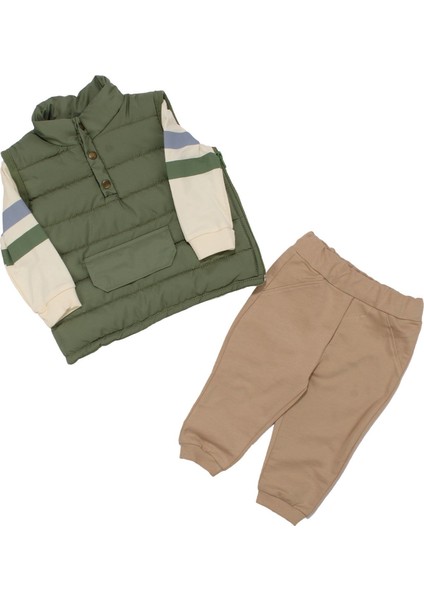 Erkek Bebek Yeşil Bej Şişme Yelekli Önü Kapalı Cepli 3'lü Takım