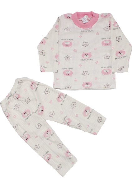Kız Çocuk Beyaz Pembe Yıldızlı Ayılı Desenli 2'li Pijama Takımı