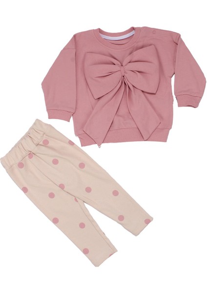 Kız Bebek Pudra Ekru Büyük Fiyonklu Puanlı Ikili Takım