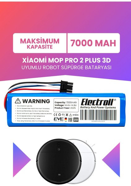 Xiaomi Mi Vacuum Mop Pro2 Plus 3D Uyumlu Batarya (Maksimum Kapasite) 7000MAH Robot Pil BHR4707GL