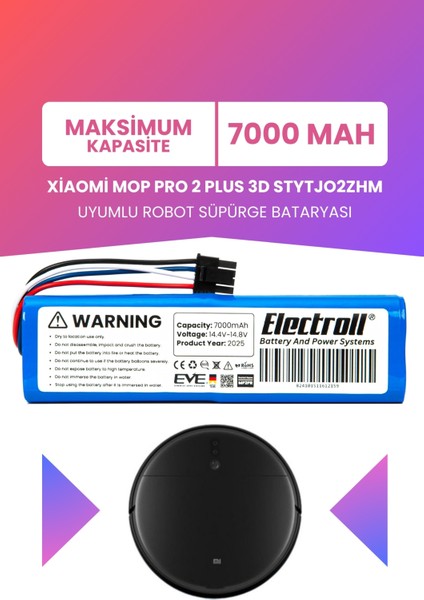 Xiaomi Mop Pro 2 Plus 3D STYTJO2ZHM Uyumlu Batarya (Maksimum Kapasite) 7000MAH Robot Süpürge Pili