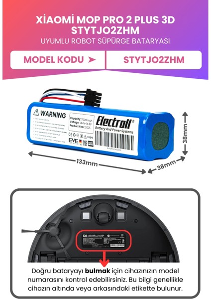 Xiaomi Mop Pro 2 Plus 3D STYTJO2ZHM Uyumlu Batarya (Maksimum Kapasite) 7000MAH Robot Süpürge Pili
