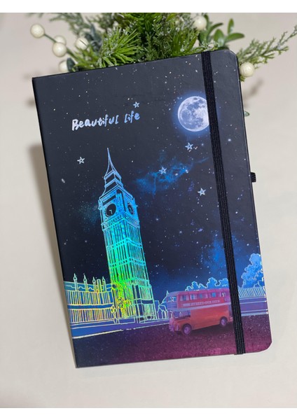 Londra Hologramlı Sert Kapak Lastikli Çizgili Defter 14X20CM 80 Yaprak