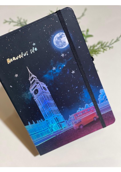 Londra Hologramlı Sert Kapak Lastikli Çizgili Defter 14X20CM 80 Yaprak