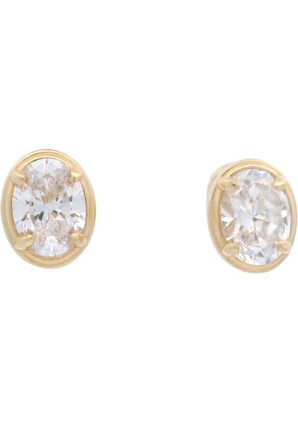 Zirkon Oval Taşlı Dört Tırnaklı Çerçeve Içi Şık Tek Taş Yeşil Altın Küpe