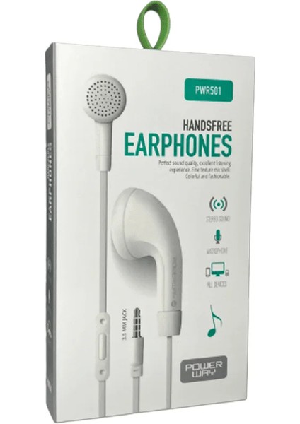 PWR501 Handsfree Earphones 3.5 mm Jack Girişli Mikrofonlu Kablolu Kulaklık Tüm Cihazlara Uyumlu Stereo