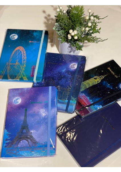 Dolunay Hologramlı Sert Kapak Lastikli Çizgili Defter 14X20CM 80 Yaprak