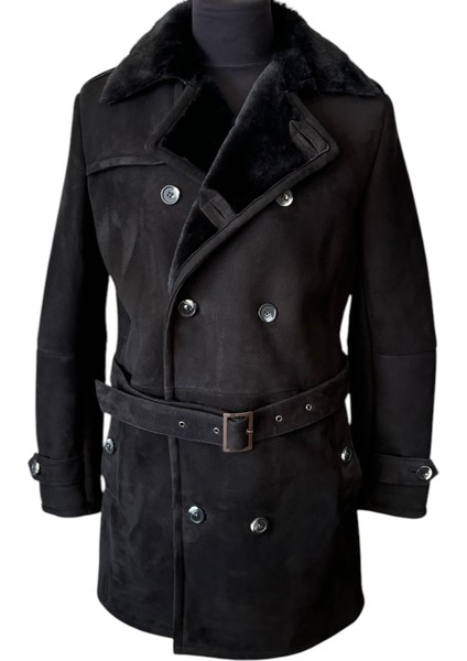 - Siyah Süet Koyun Kürkü Erkek Trençkot - Burb