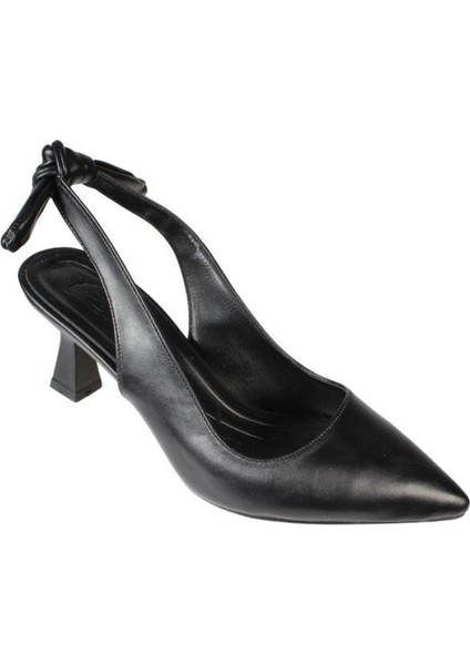 Yazkış Kadın Siyah Gümüş Cilt Arkası Açık Fiyonlu Önü Kapalı Sivri Burun 6cm Kadeh Topuk Ayakkabı