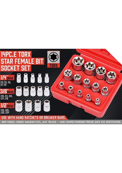 14 Parça E-Torx Lokma Takımı Premium Dişi Torx Lokma Takımı, Yıldız Lokma Takımı, Tork Lokma Takımı, Harici Torx Lokma Takımı (Yurt Dışından)