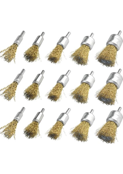 15 Paket Tel Tekerlek Fincan Fırça Seti, 1/4 Inç Yuvarlak Saplı, 5 Boyutlu Pirinç Kaplamalı Tel Matkap Fırçası, Boya Temizleme Projesi/korozyon/pas (Yurt Dışından)