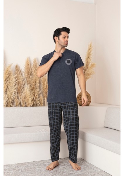 Erkek Kısa Kol Üst K.indigo Alt Siyah Ekose Pijama Takımı