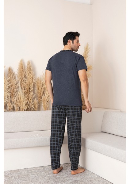 Erkek Kısa Kol Üst K.indigo Alt Siyah Ekose Pijama Takımı