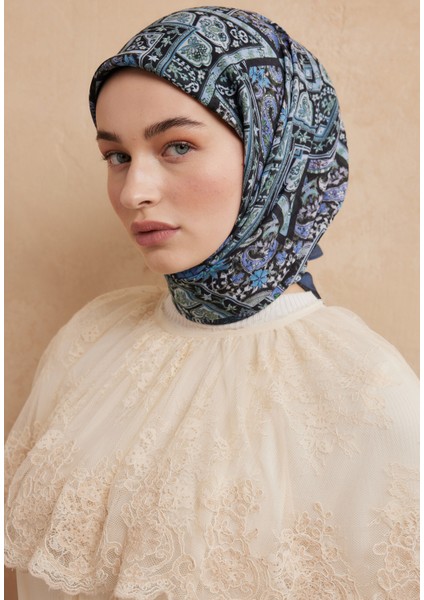 Nordıc Paısley Desen Pamuk Ipek Eşarp Indigo