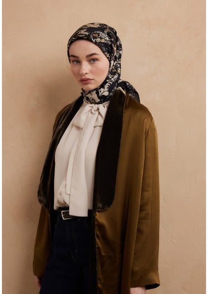 Floral Paısley Desen Pamuk Ipek Eşarp Siyah