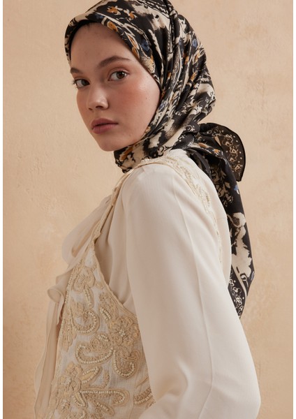 Floral Paısley Desen Pamuk Ipek Eşarp Koyu Kahve
