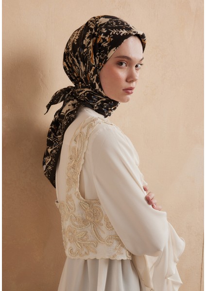 Floral Paısley Desen Pamuk Ipek Eşarp Koyu Kahve modelleri