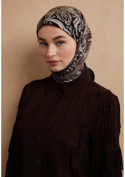 Etnıc Floral Desen Pamuk Ipek Eşarp Kahve