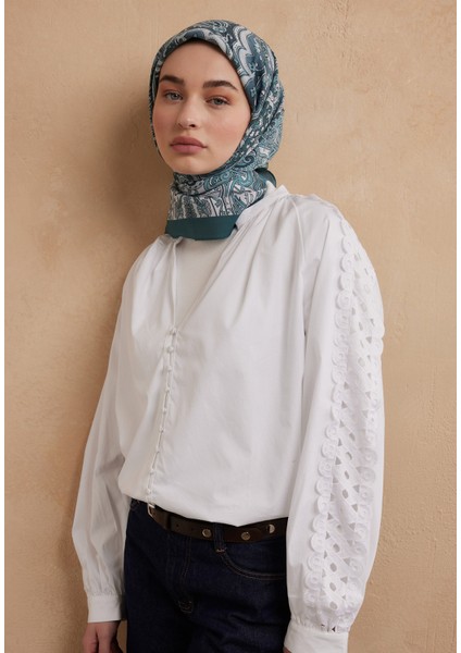 Etnıc Floral Desen Pamuk Ipek Eşarp Aquamarin