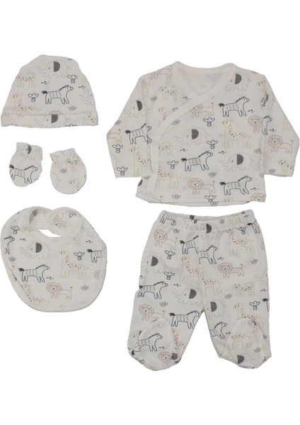 Erkek Bebek Beyaz Renkli Hayvanlı Desenli 5 Parça Hastane Çıkış Seti