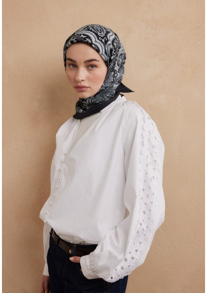 Etnıc Floral Desen Pamuk Ipek Eşarp Antik Mavi