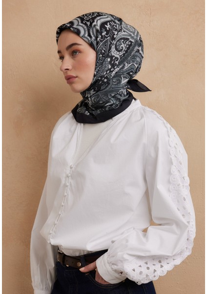 Etnıc Floral Desen Pamuk Ipek Eşarp Antik Mavi