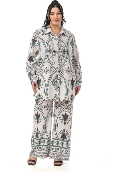 Büyük Beden Baskılı Gömlek Pantolon Zümrüt Yeşili Ikili Takım