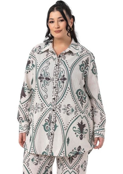 Büyük Beden Baskılı Gömlek Pantolon Zümrüt Yeşili Ikili Takım fiyatları